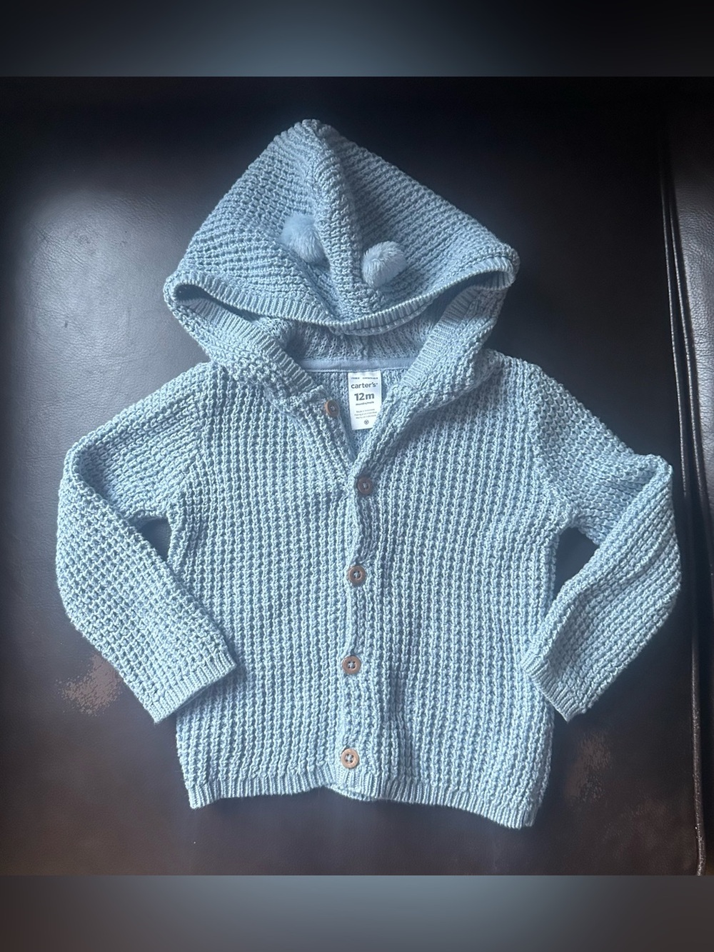 Carter's Soft Light Blue Knit Hooded Cardigan with Buttons, 12 mos